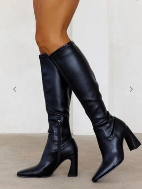 Steve Madden LaMarca Black Faux Leather Knee Block Heel Boots New In Box Size 6